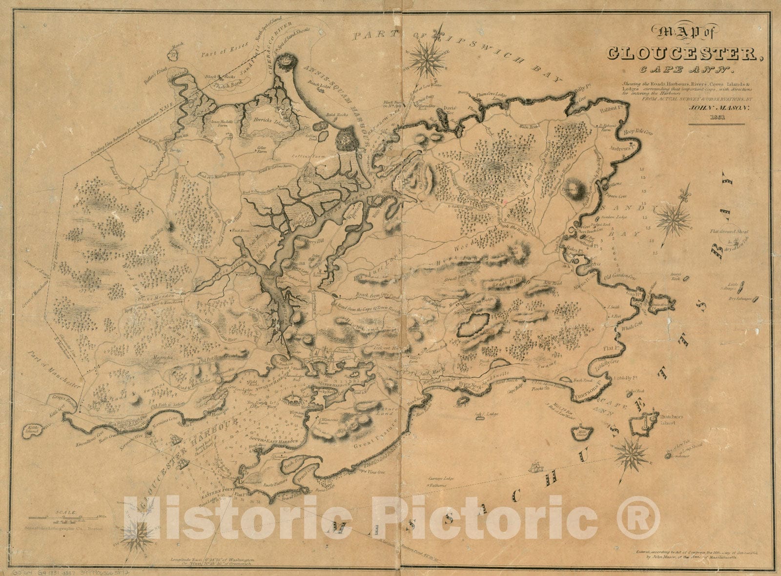 Historical Map, 1831 Map of Gloucester, Cape Ann : shewing The Roads, harbours, Rivers, coves, Islands & ledges Surrounding That Important Cape, Vintage Wall Art