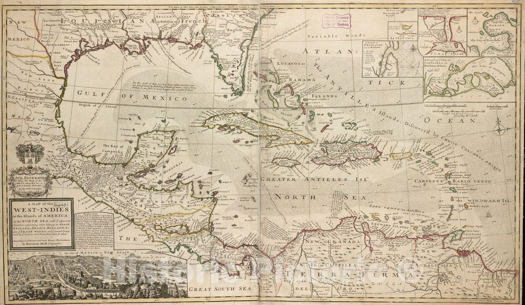 Historical Map, 1715 A map of The West-Indies or The Islands of America in The North Sea : with ye Adjacent Countries; exPlaning What Belongs to Spain, England, Vintage Wall Art