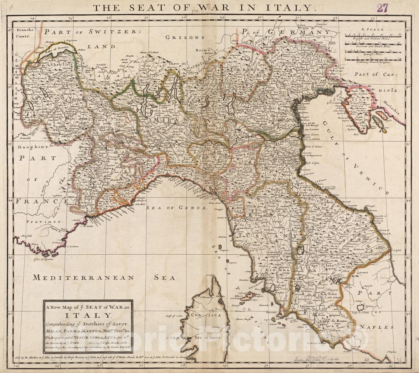 Historical Map, 1701 A New map of ye seat of war in Italy : comprehending ye Dutchies of Savoy, Milan, Parma Mantua, Modna, Tuscny, et Cetera, Vintage Wall Art