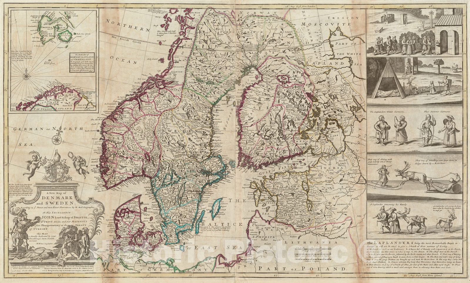 Historical Map, 1750-1759 A New map of Denmark and Sweden : According to ye Newest and Most Exact observations, Vintage Wall Art