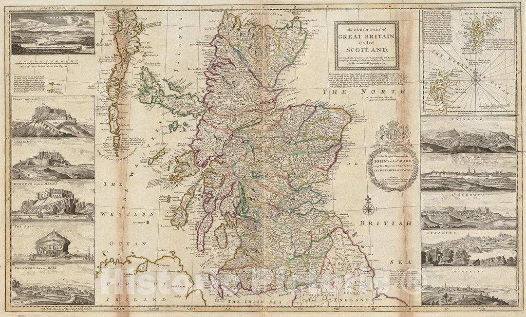 Historical Map, 1730 The North Part of Great Britain Called Scotland : with considerable inprovements and Many remarks not extant in Any Historical Map, Vintage Wall Art