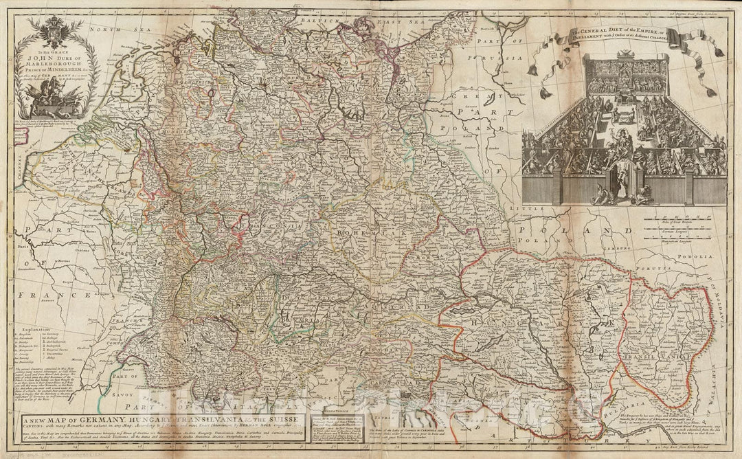 Historical Map, 1750 A New map of Germany, Hungary, Transilvania & The Suisse cantons : with Many remarks not extant in Any Historical Map, Vintage Wall Art