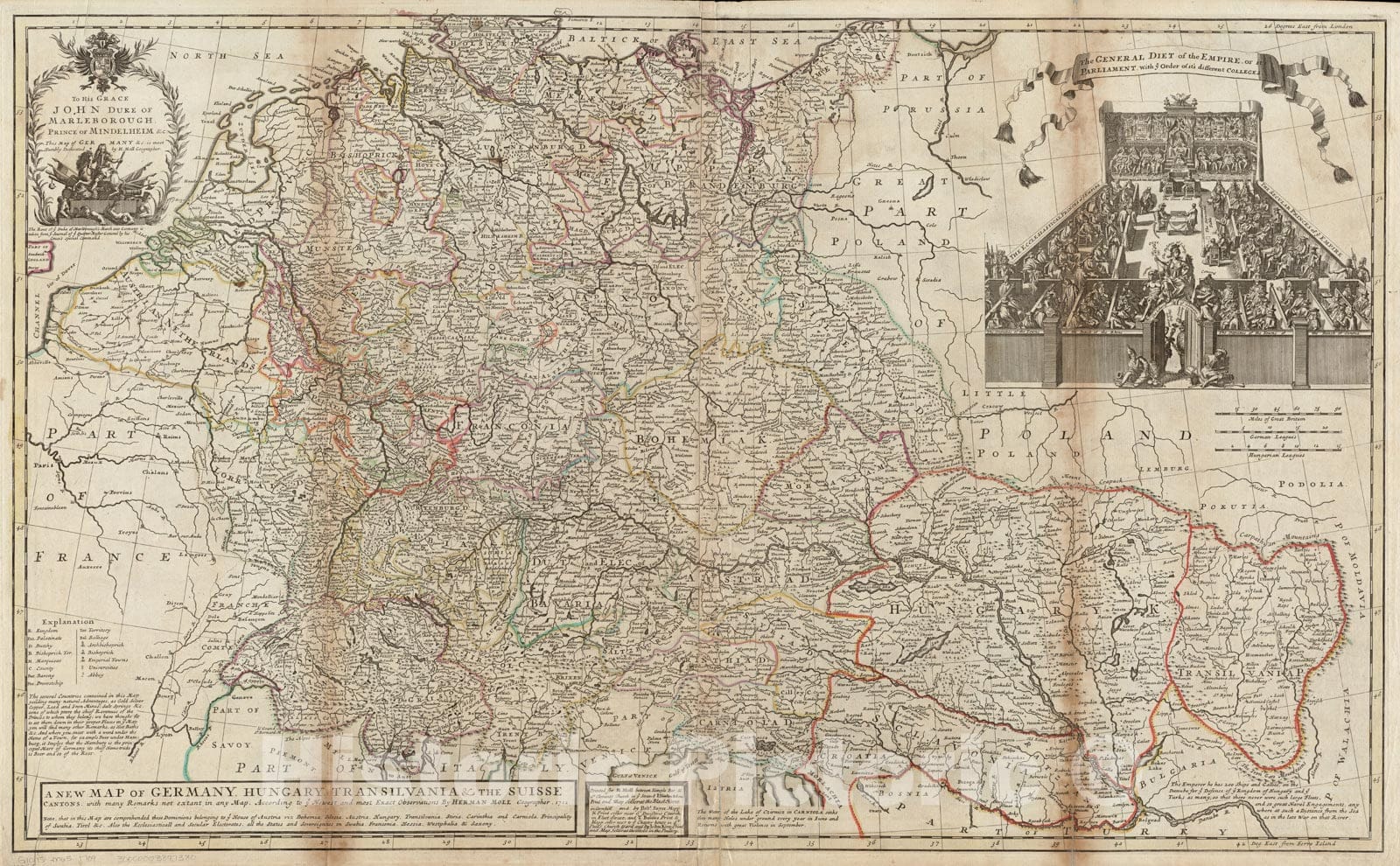 Historical Map, 1750 A New map of Germany, Hungary, Transilvania & The Suisse cantons : with Many remarks not extant in Any Historical Map, Vintage Wall Art