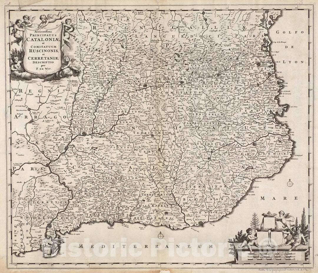 Historical Map, ca. 1680 Accuratissima principatus Cataloniae, et comitatuum Ruscinonis, et Cerretaniae descriptio, Vintage Wall Art