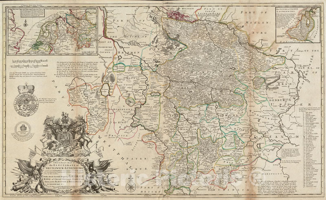 Historical Map, 1730 A new & exact map of the electorate of Brunswick-Lunenburg and ye rest of ye Kings dominions in Germany, Vintage Wall Art