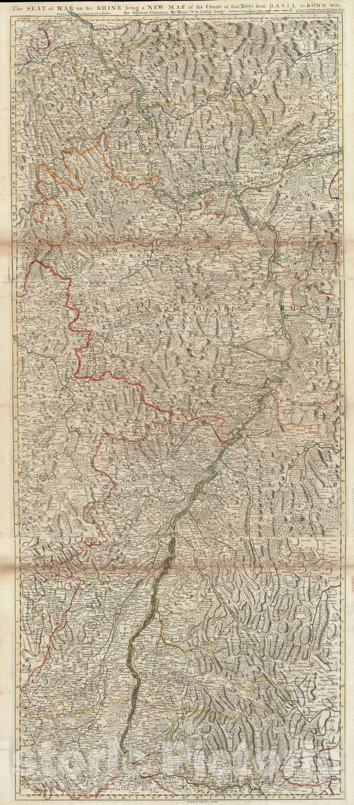 Historical Map, 1725 The seat of war on The Rhine Being a New map of The Course of That River from Basil to Bonn with The Adjacent Countries, Vintage Wall Art