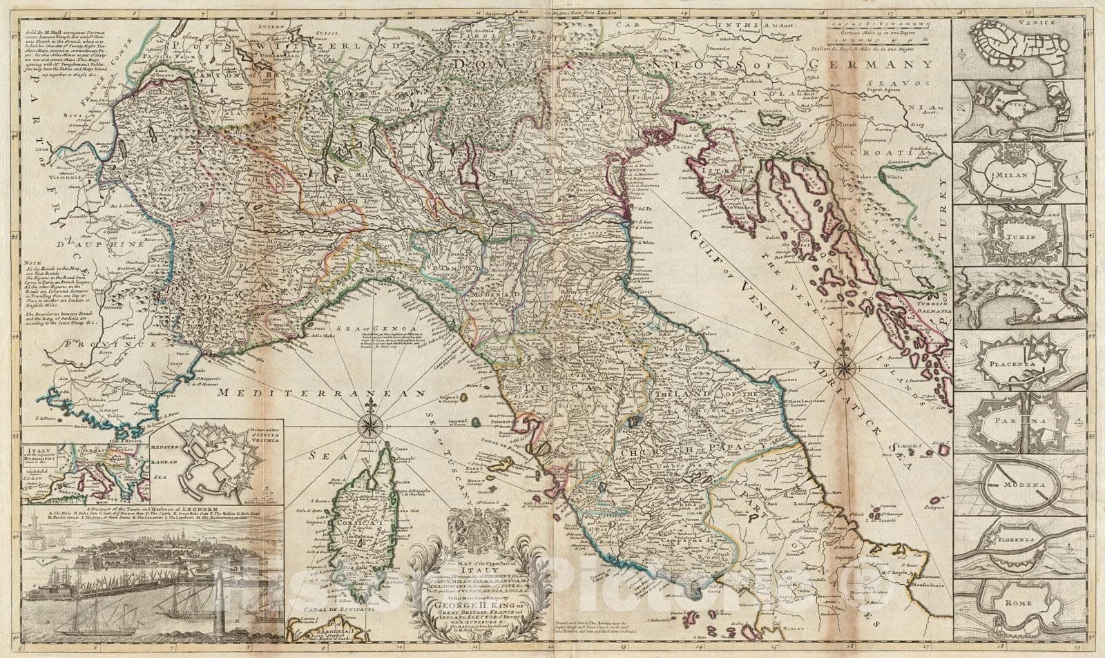 Historical Map, 1752-1763 A New map of The Upper Part of Italy containing ye Principality of Piemont ye Dutchies of Savoy, Milan, Parma, Mantua, Modena, Tuscany, Vintage Wall Art