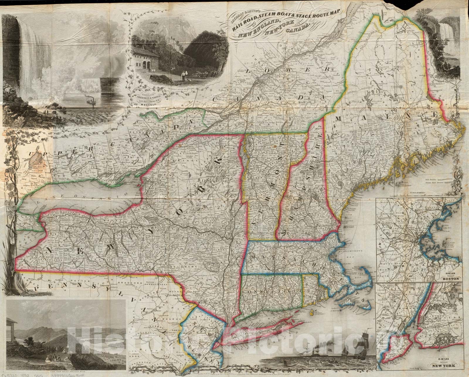 Historical Map, 1852 Sherman & Smith's Rail Road, steam Boat & Stage Route map of New England, New-York, and Canada, Vintage Wall Art