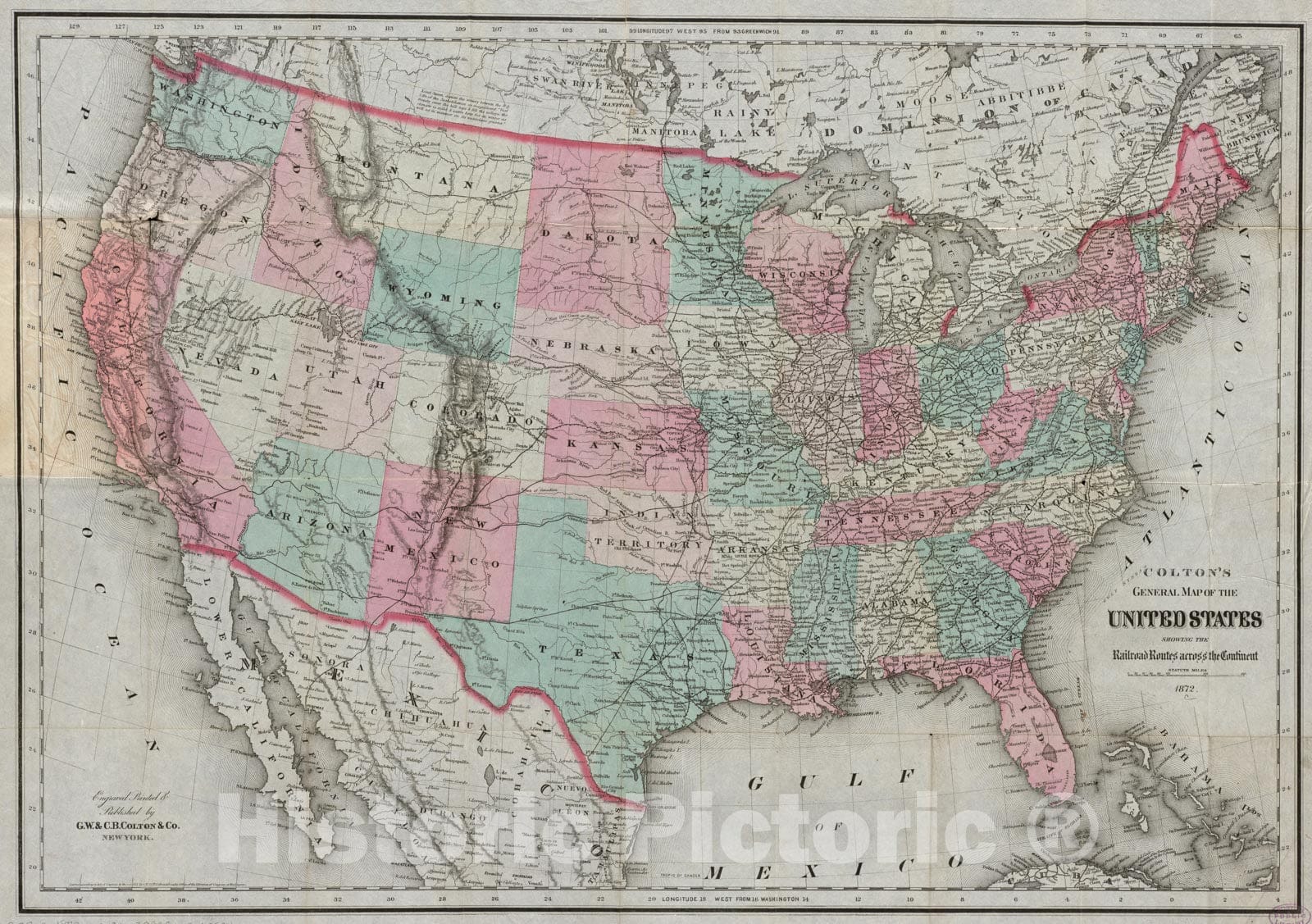 Historical Map, 1872 Colton's General map of The United States : Showing The Railroad Routes Across The Continent, Vintage Wall Art