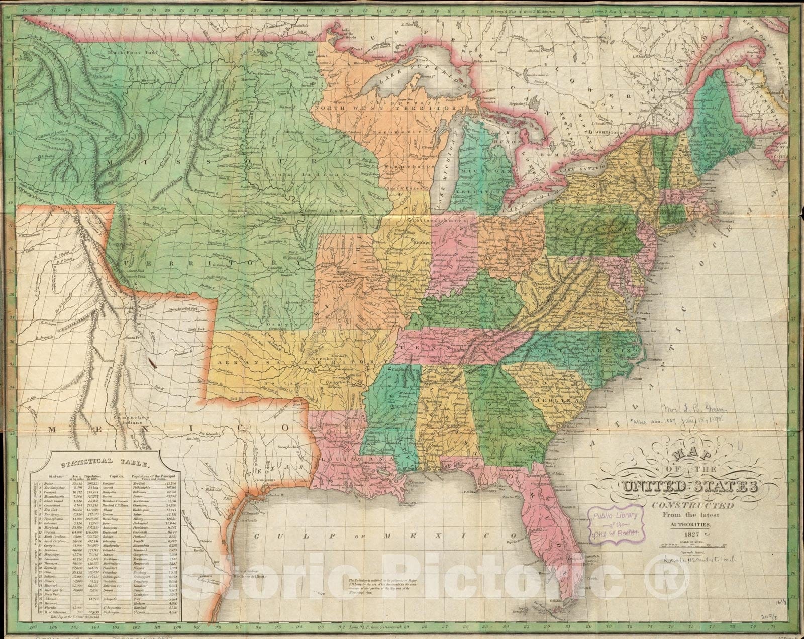 Historical Map, 1827 Map of The United States, Constructed from The Latest Authorities, Vintage Wall Art