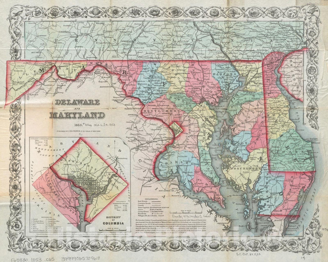 Historical Map, 1853 Delaware and Maryland, Vintage Wall Art