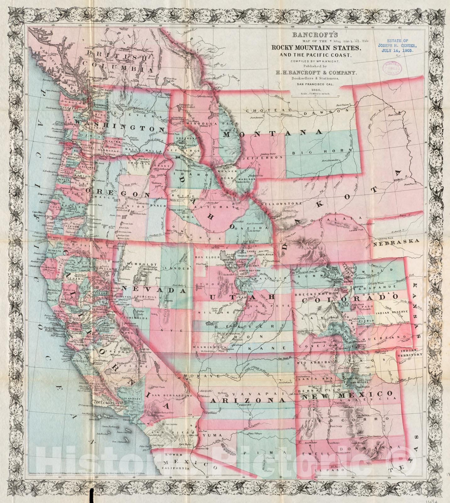 Historical Map, 1866 Bancroft's map of The Rocky Mountain States, and The Pacific Coast, Vintage Wall Art