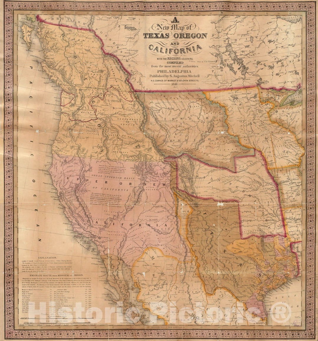 Historical Map, 1846 A New map of Texas, Oregon, and California with The Regions adjoining, Vintage Wall Art