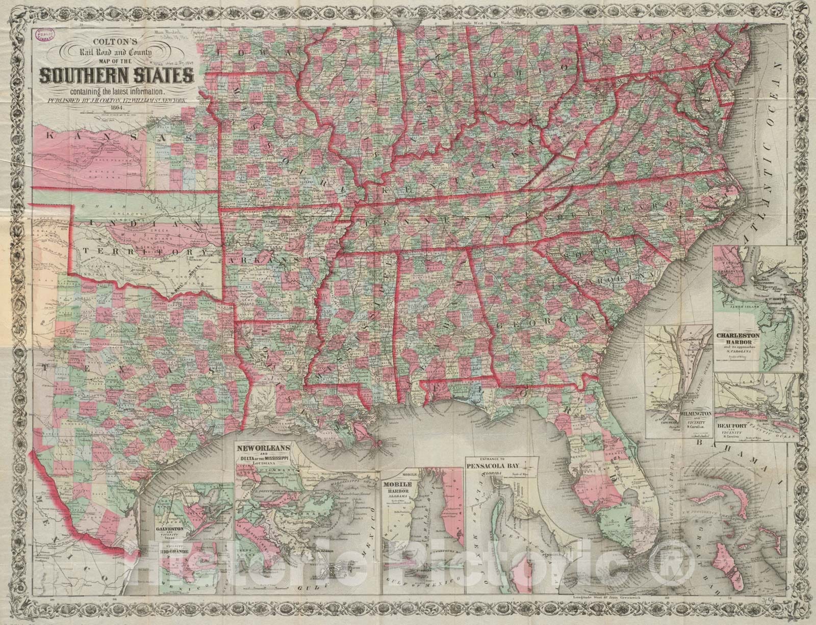 Historical Map, 1864 Colton's Rail Road and County map of The Southern States containing The Latest Information, Vintage Wall Art