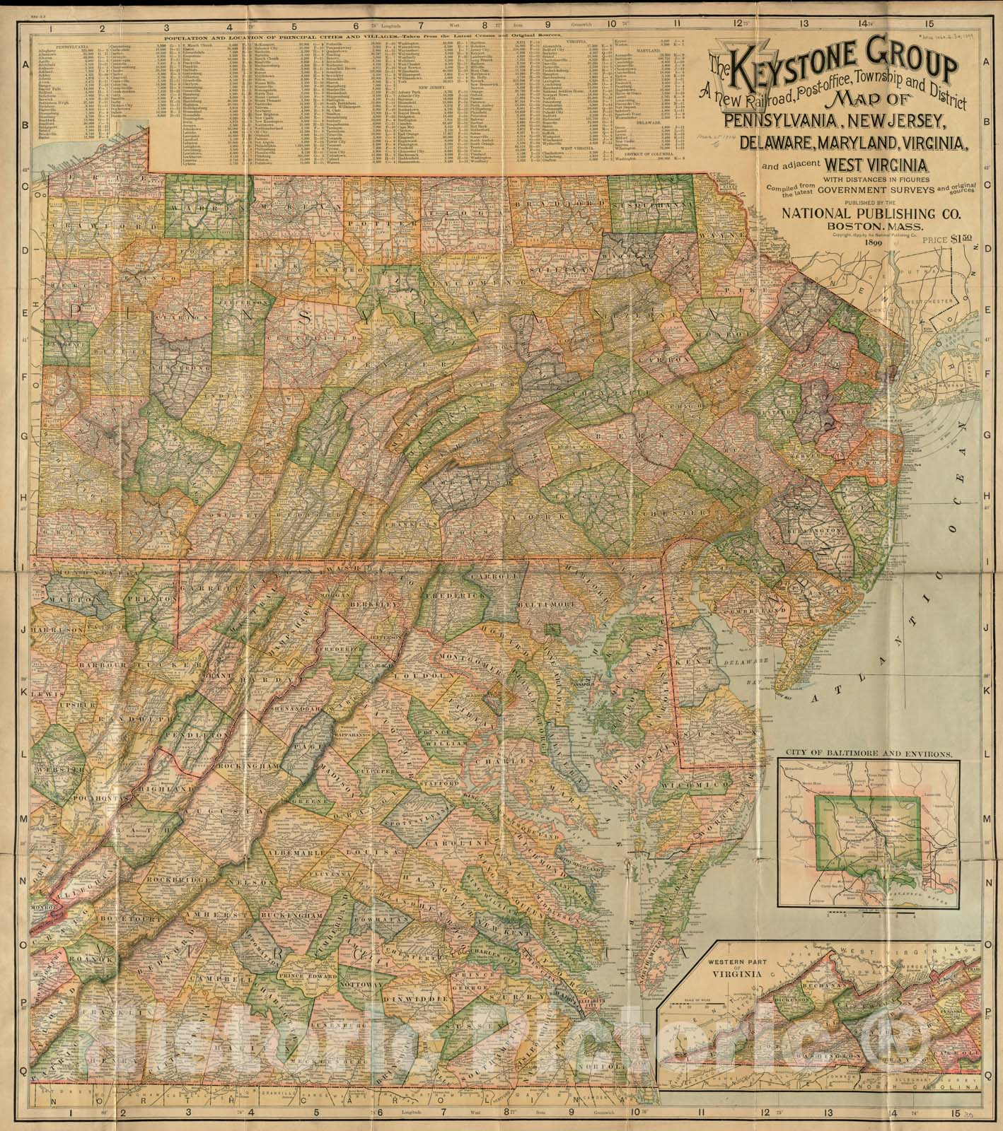 Historical Map, c.1899 The Keystone Group : a New Railroad, Post-Office, Township and District map of Pennsylvania, New Jersey, Delaware, Maryland, Virginia, Vintage Wall Art