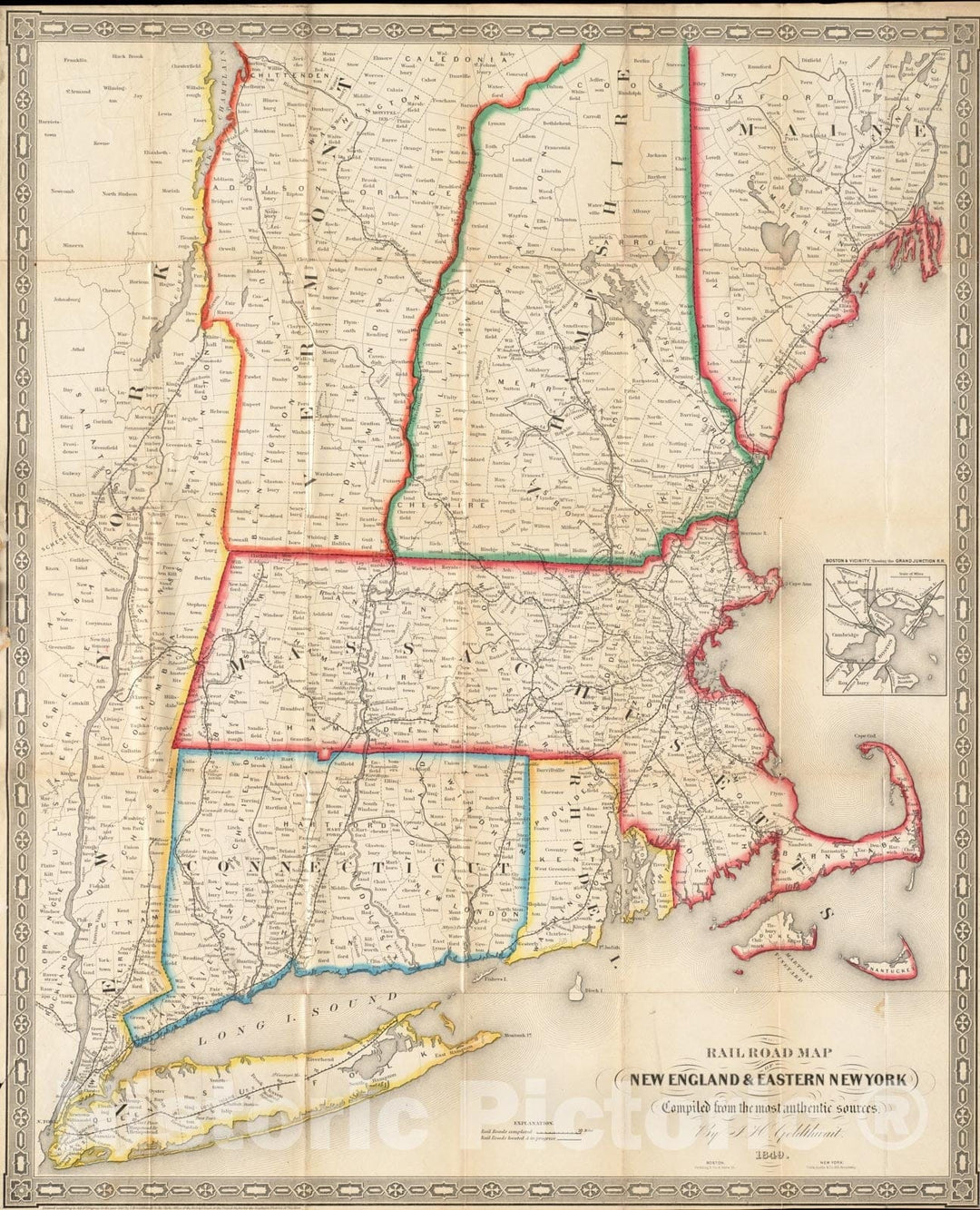 Historical Map, 1849 Railroad map of New England & eastern New York complied from the most authentic sources, Vintage Wall Art