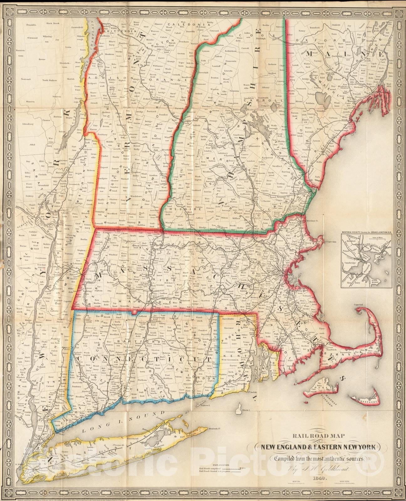 Historical Map, 1849 Railroad map of New England & eastern New York complied from the most authentic sources, Vintage Wall Art