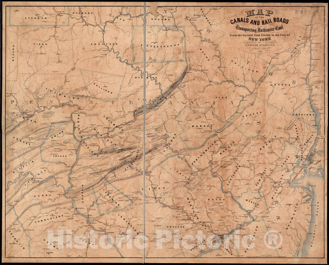 Historical Map, 1856 Map of The canals and Rail Roads for Transporting Anthracite Coal from The Several Coal Fields to The City of New York, Vintage Wall Art