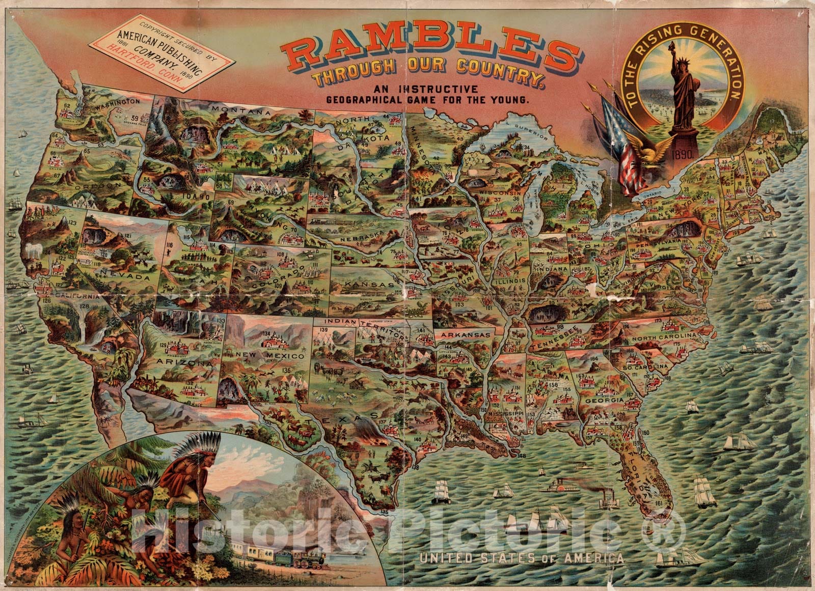 Historical Map, ca. 1890 Rambles through our country : an instructive geographical game for the young, Vintage Wall Art