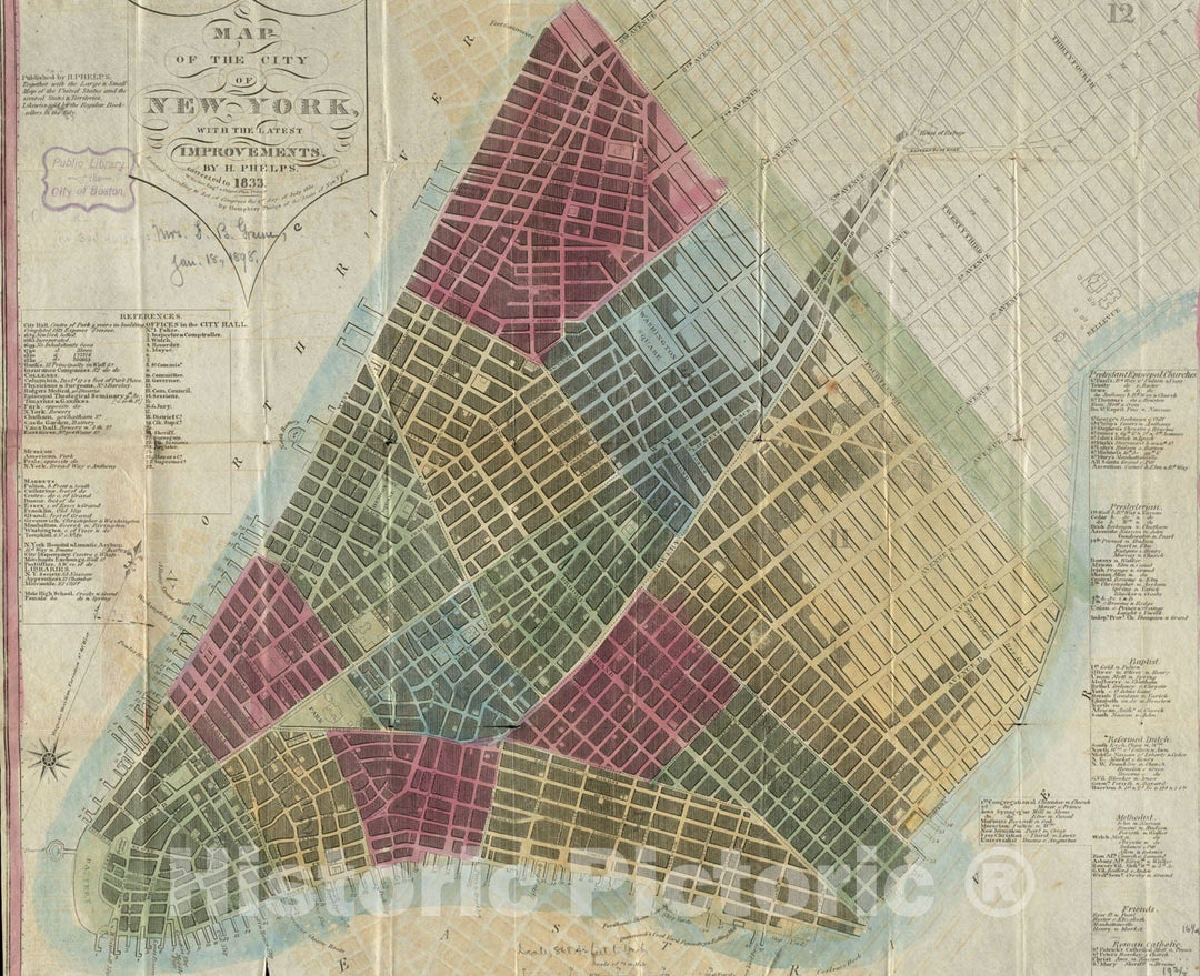 Historical Map, 1833 Map of The City of New York, with The Latest improvements, Vintage Wall Art