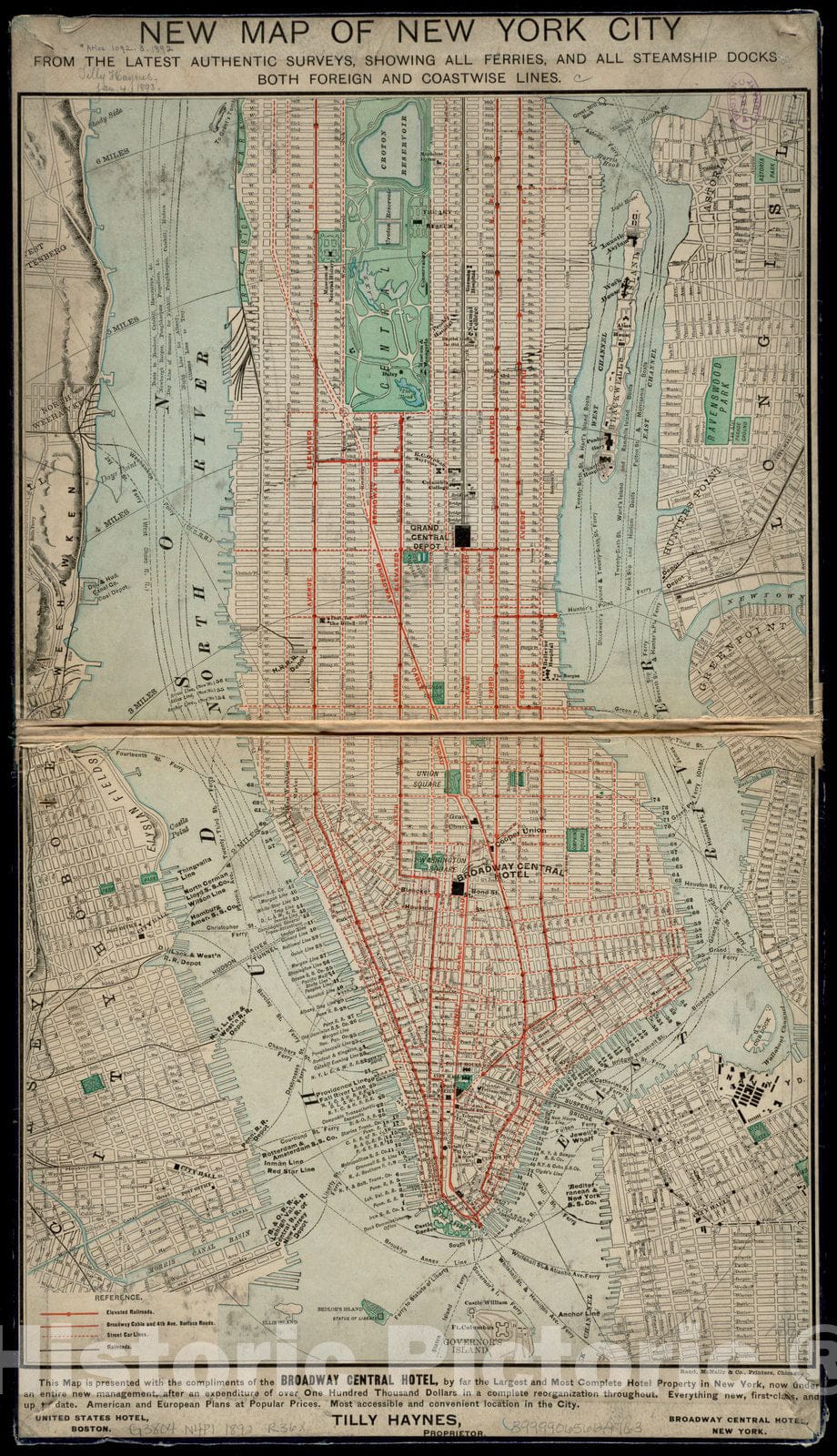 Historical Map, 1892 New map of New York City : from The Latest Authentic surveys, Showing All Ferries, and All Steamship Docks Both Foreign and coastwise Lines, Vintage Wall Art