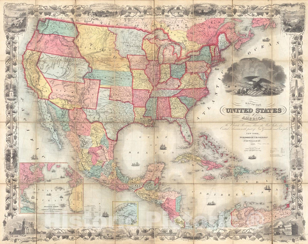 Historical Map, 1857 Map of The United States of America, The British Provinces, Mexico, The West Indies and Central America, with pof New Granada and Venezuela, Vintage Wall Art