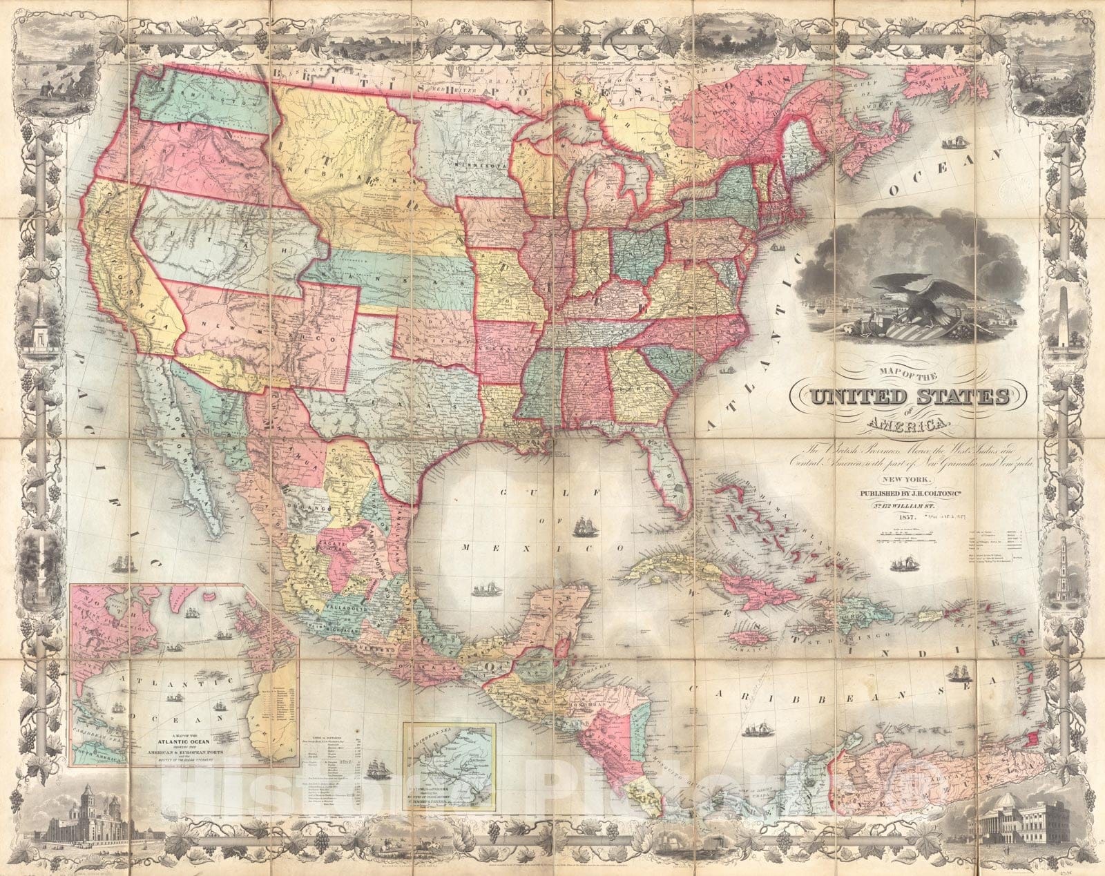 Historical Map, 1857 Map of The United States of America, The British Provinces, Mexico, The West Indies and Central America, with pof New Granada and Venezuela, Vintage Wall Art