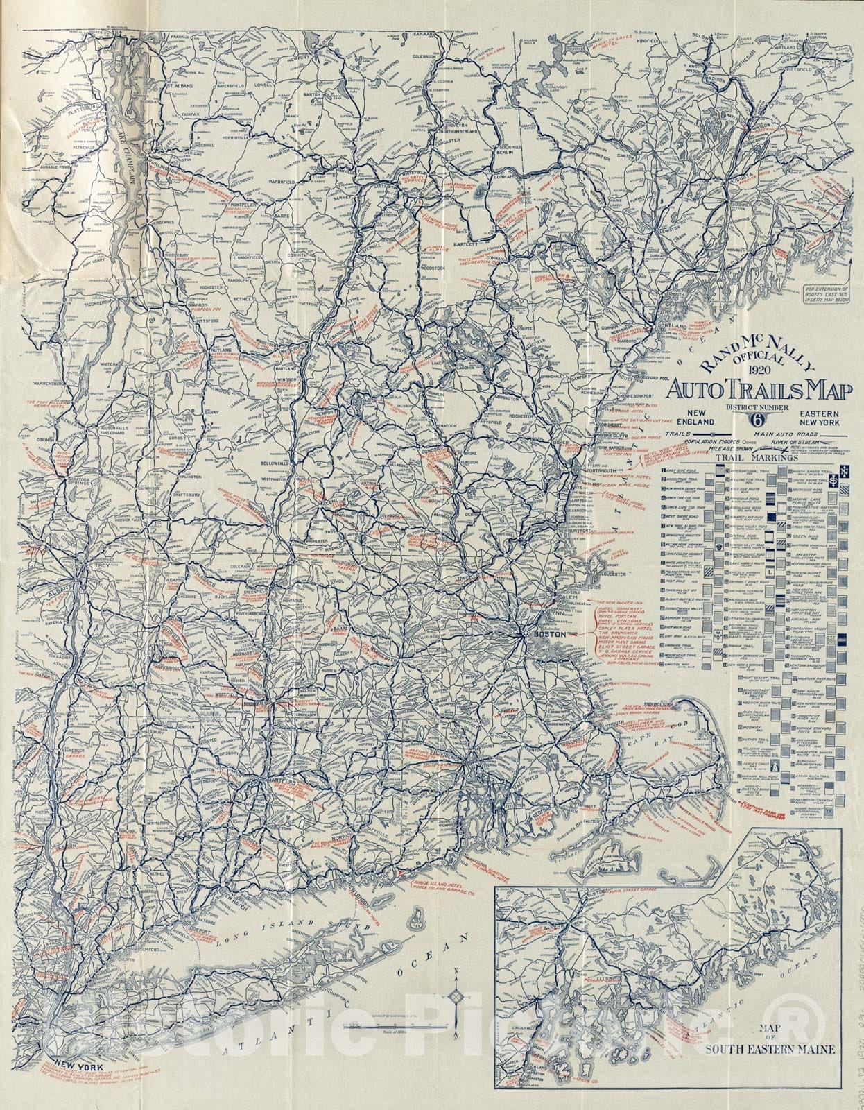 Historical Map, Rand McNally Official 1920 auto Trails map : District Number 6 : New England, Eastern New York, Vintage Wall Art