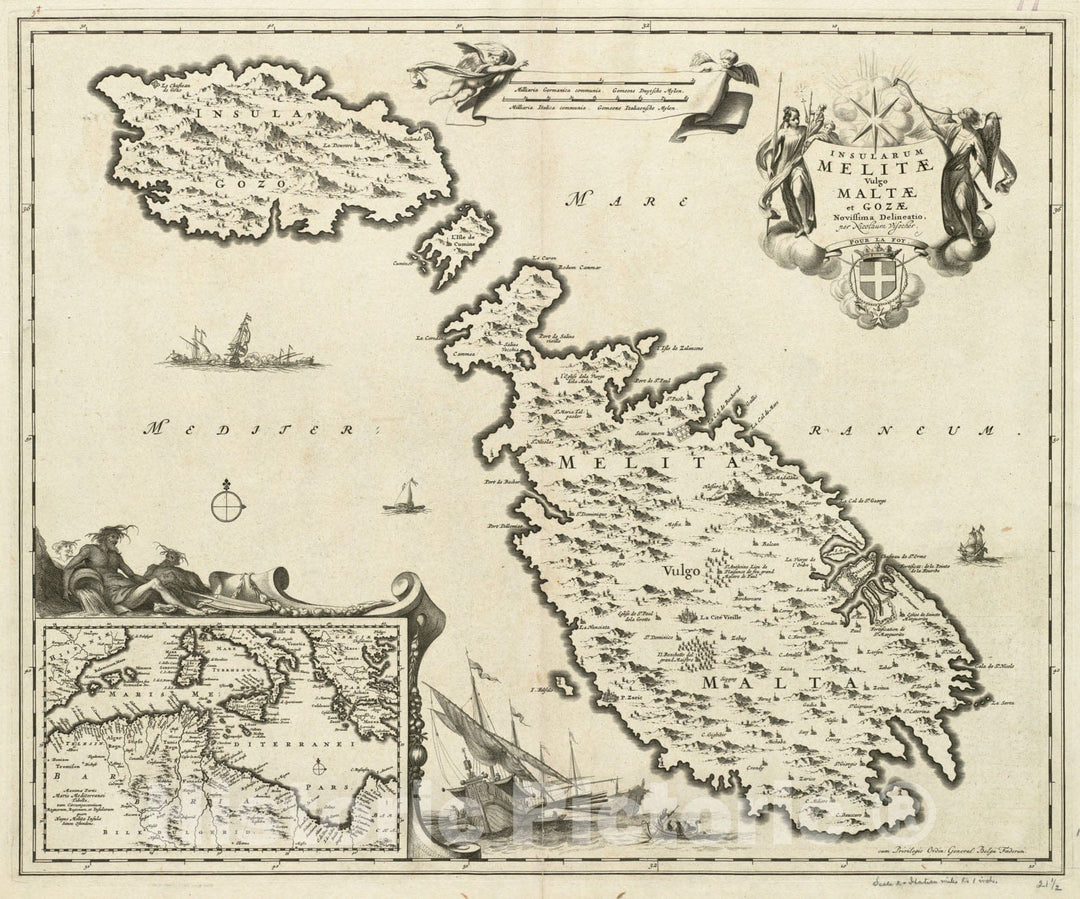 Historical Map, 1698 Insularum Melitae vulgo Maltae et Gozae, Vintage Wall Art