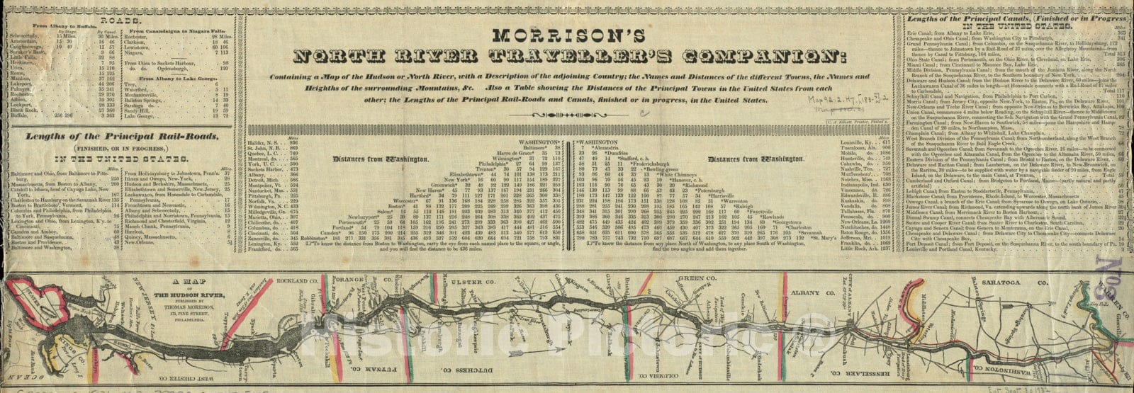 Historical Map, 1831 Morrison's North River traveller's Companion : containing a map of The Hudson River, with a Description of The adjoining Country, Vintage Wall Art