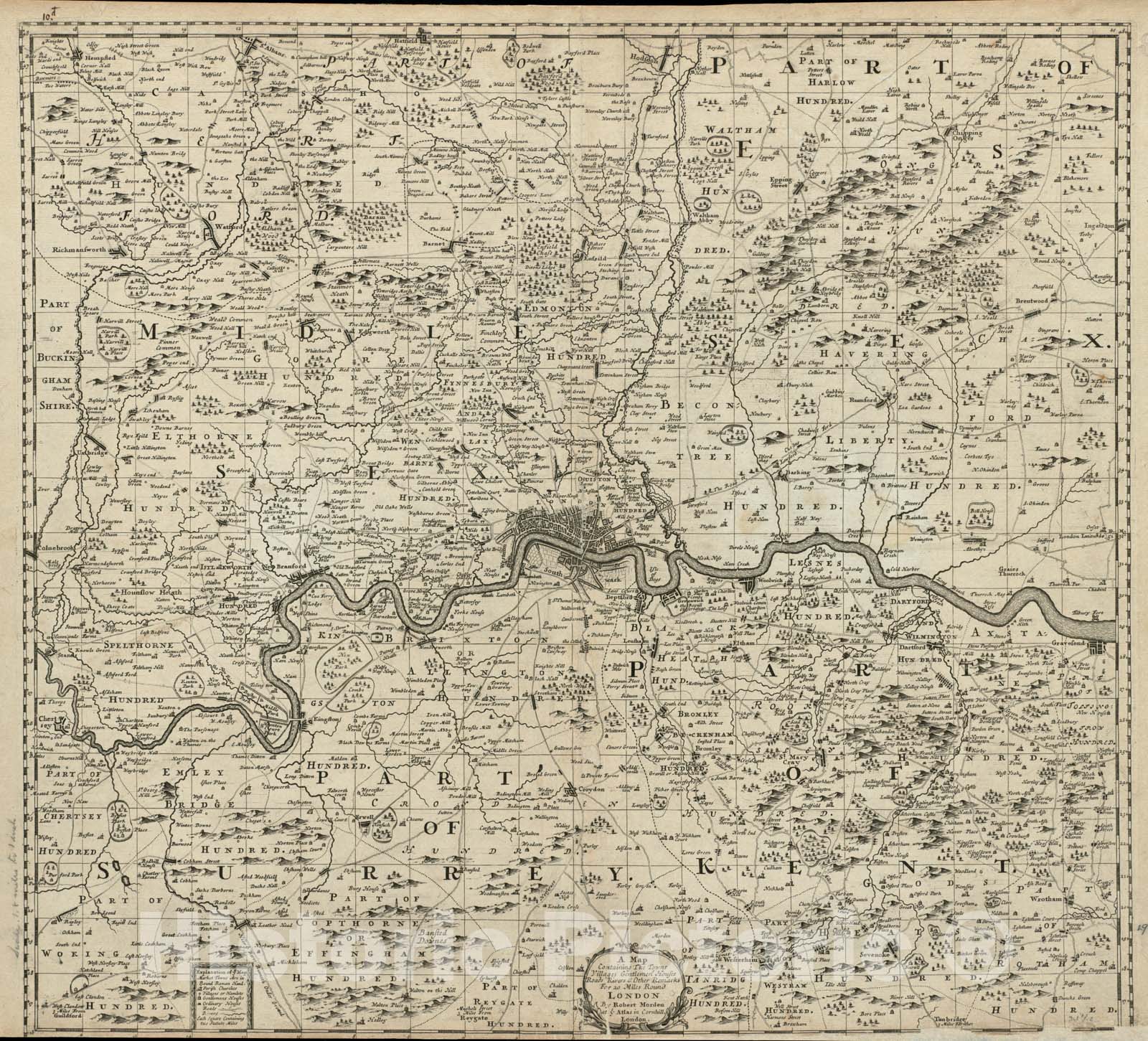 Historical Map, 1686 A map containing The Towns, Villages, Gentlemens Houses, Roads, Rivers & Other remarks for 20 Miles Round London, Vintage Wall Art