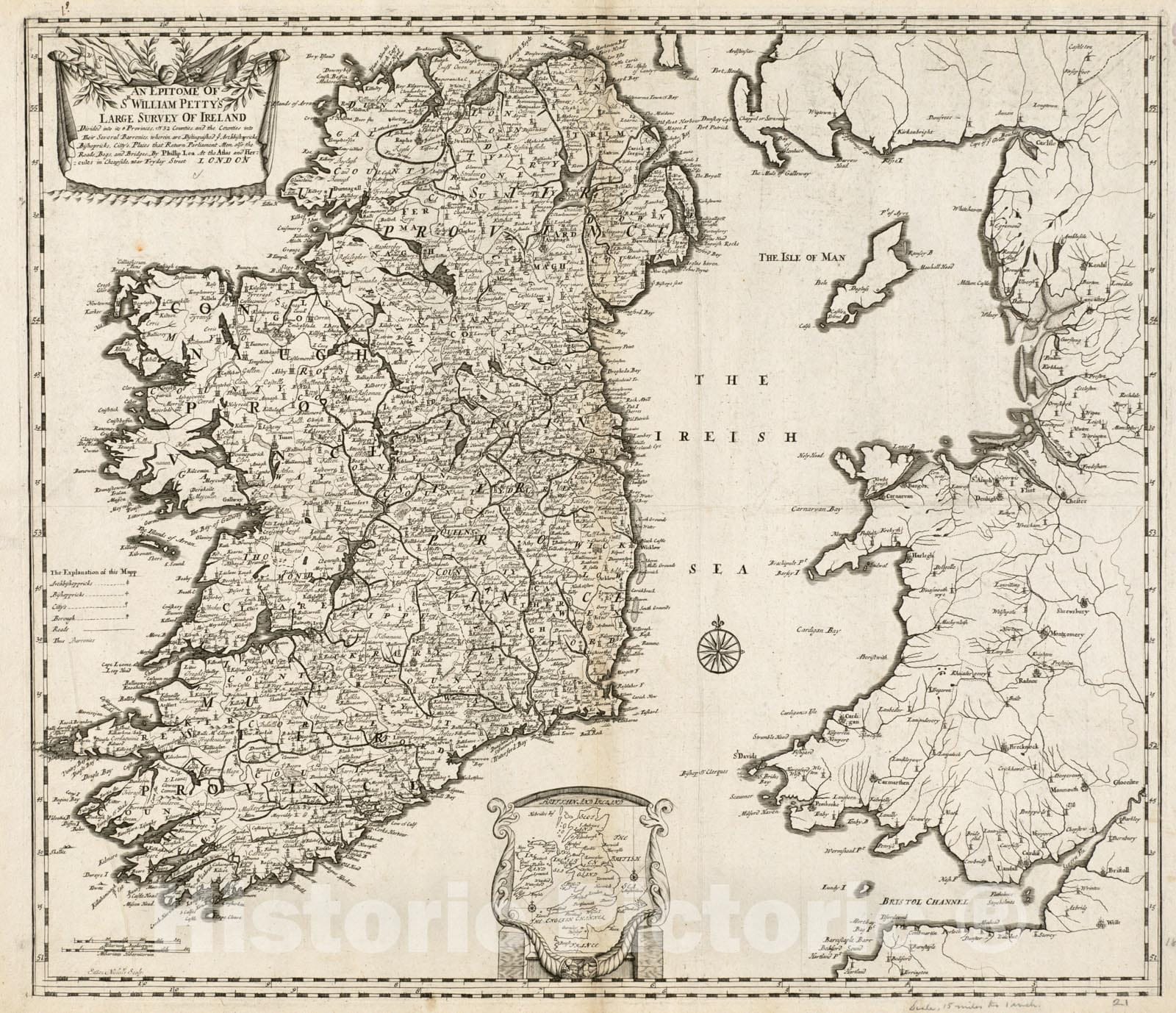 Historical Map, 1690 an Epitome of Sr. William Petty's Large Survey of Ireland Divided into its 4 Provinces & 32 Counties and Bridges, Vintage Wall Art