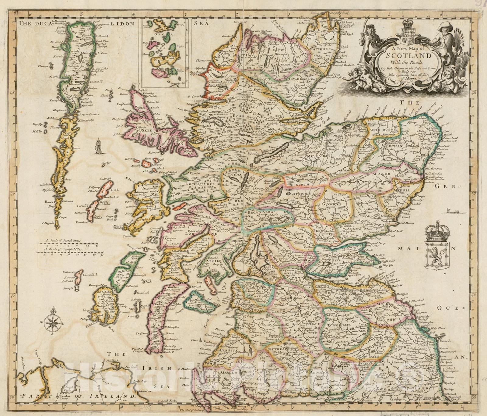 Historical Map, 1689 A New map of Scotland with The Roads, Vintage Wall Art