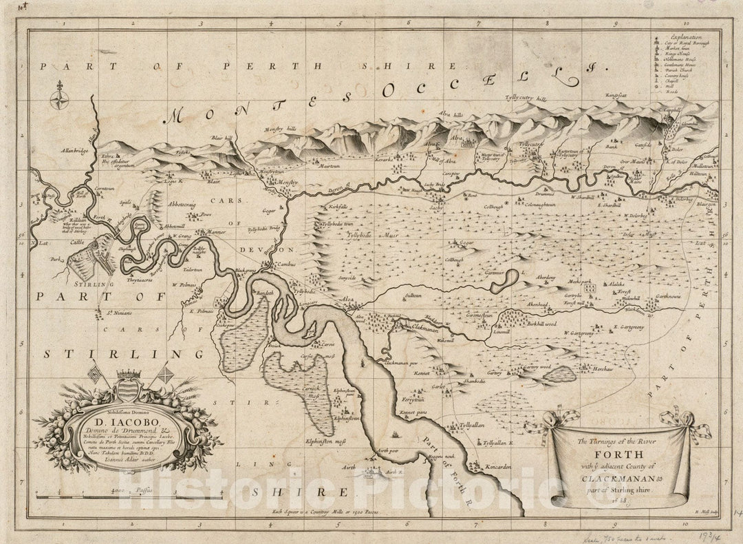 Historical Map, 1688 The turnings of The River Forth with ye Adjacent County of Clackmanan & Part of Stirling Shire, Vintage Wall Art