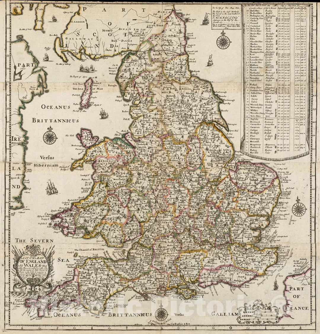 Historical Map, 1690 A New map of England and Wales with The Direct and CROS Roads Also The Number of Miles Between The Townes on The Roads by Inspection in Figures, Vintage Wall Art