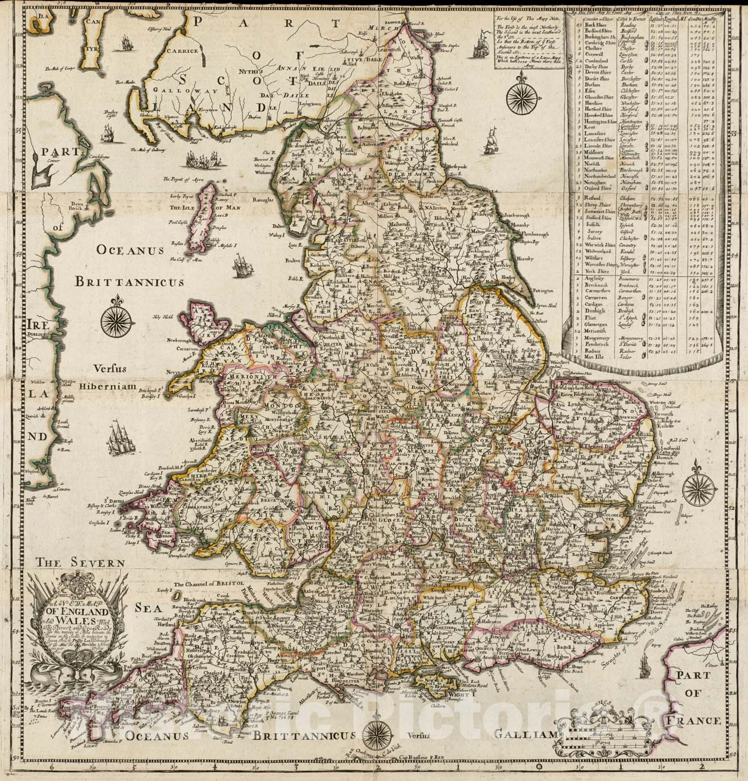 Historical Map, 1690 A New map of England and Wales with The Direct and CROS Roads Also The Number of Miles Between The Townes on The Roads by Inspection in Figures, Vintage Wall Art