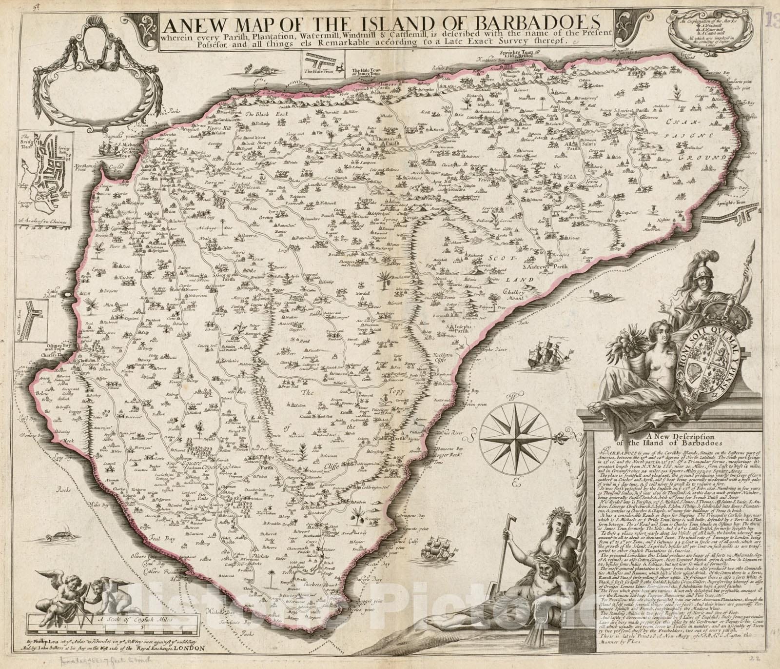 Historical Map, 1686 A new map of the Island of Barbadoes wherein every parish, Plantation, watermill, windmill & cattlemill, Vintage Wall Art