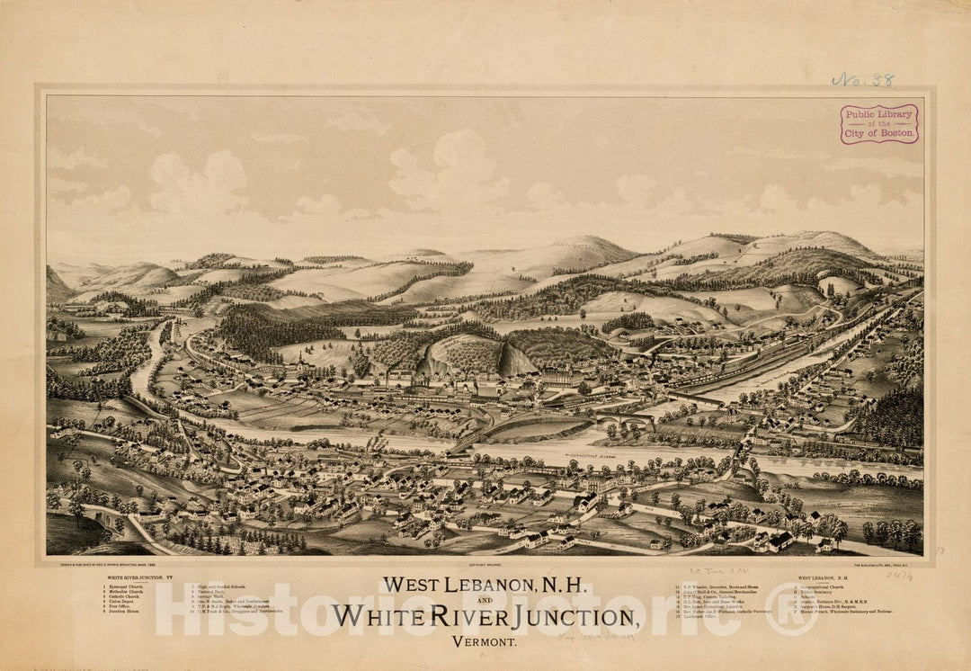 Historical Map, 1889 West Lebanon, N.H, and White River Junction, Vermont, Vintage Wall Art