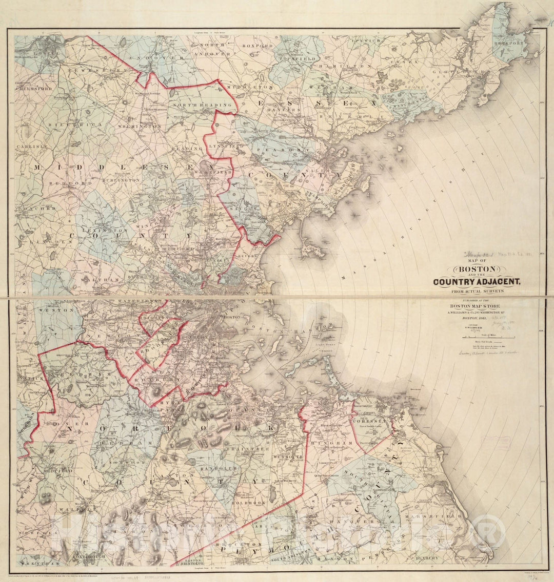 Historical Map, 1881 Map of Boston and The Country Adjacent from Actual surveys, Vintage Wall Art