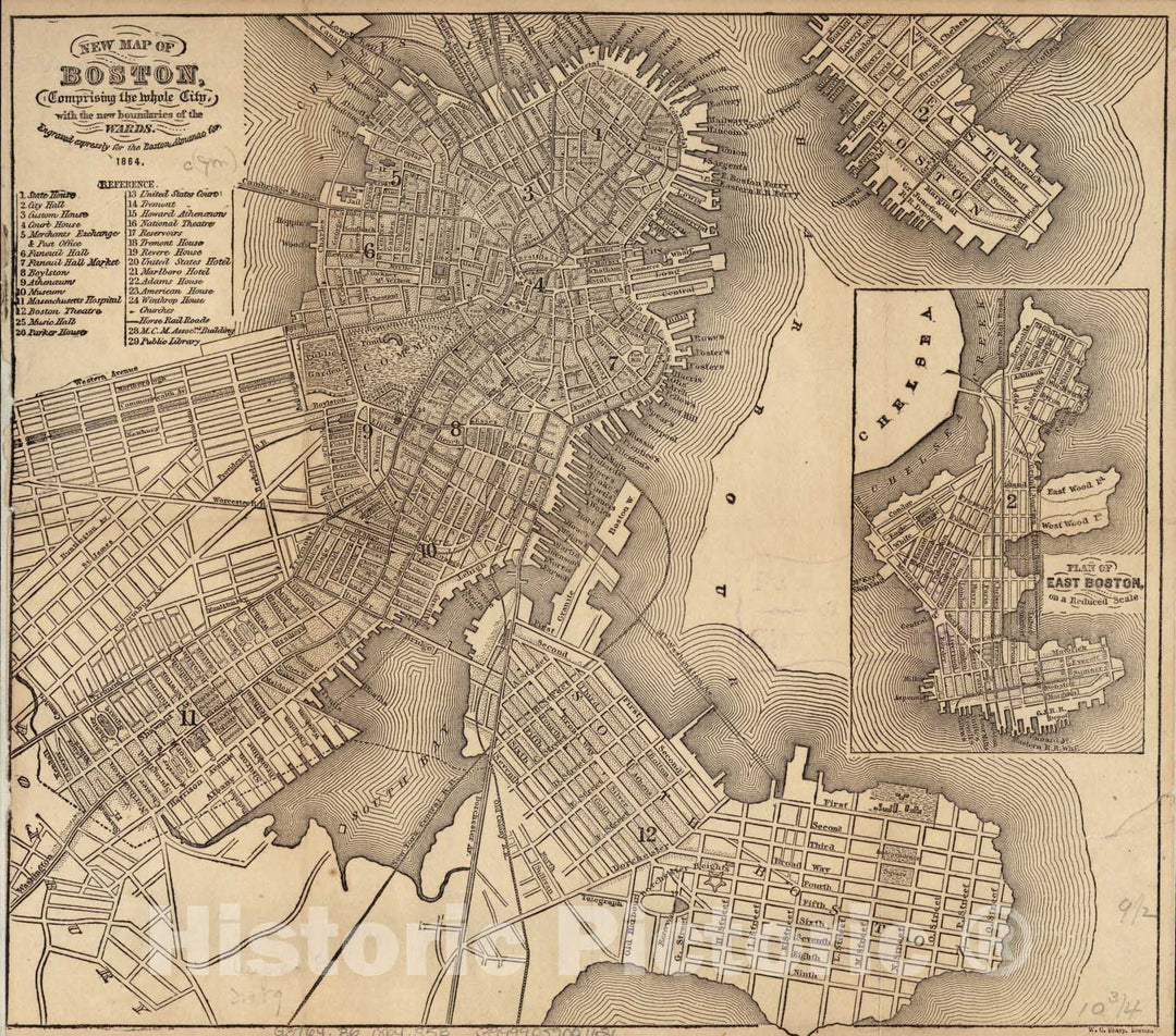 Historical Map, 1864 New map of Boston, comprising The Whole City, with The New Boundaries of The wards, Vintage Wall Art