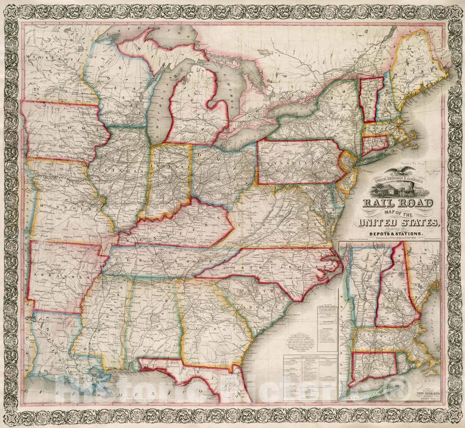 Historical Map, 1859 Ensign, Bridgman & Fanning's Rail Road map of The United States, Showing The depots & Stations, Vintage Wall Art