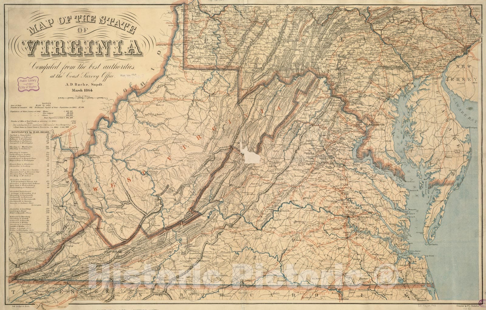 Historical Map, 1864 Map of The State of Virginia, Vintage Wall Art