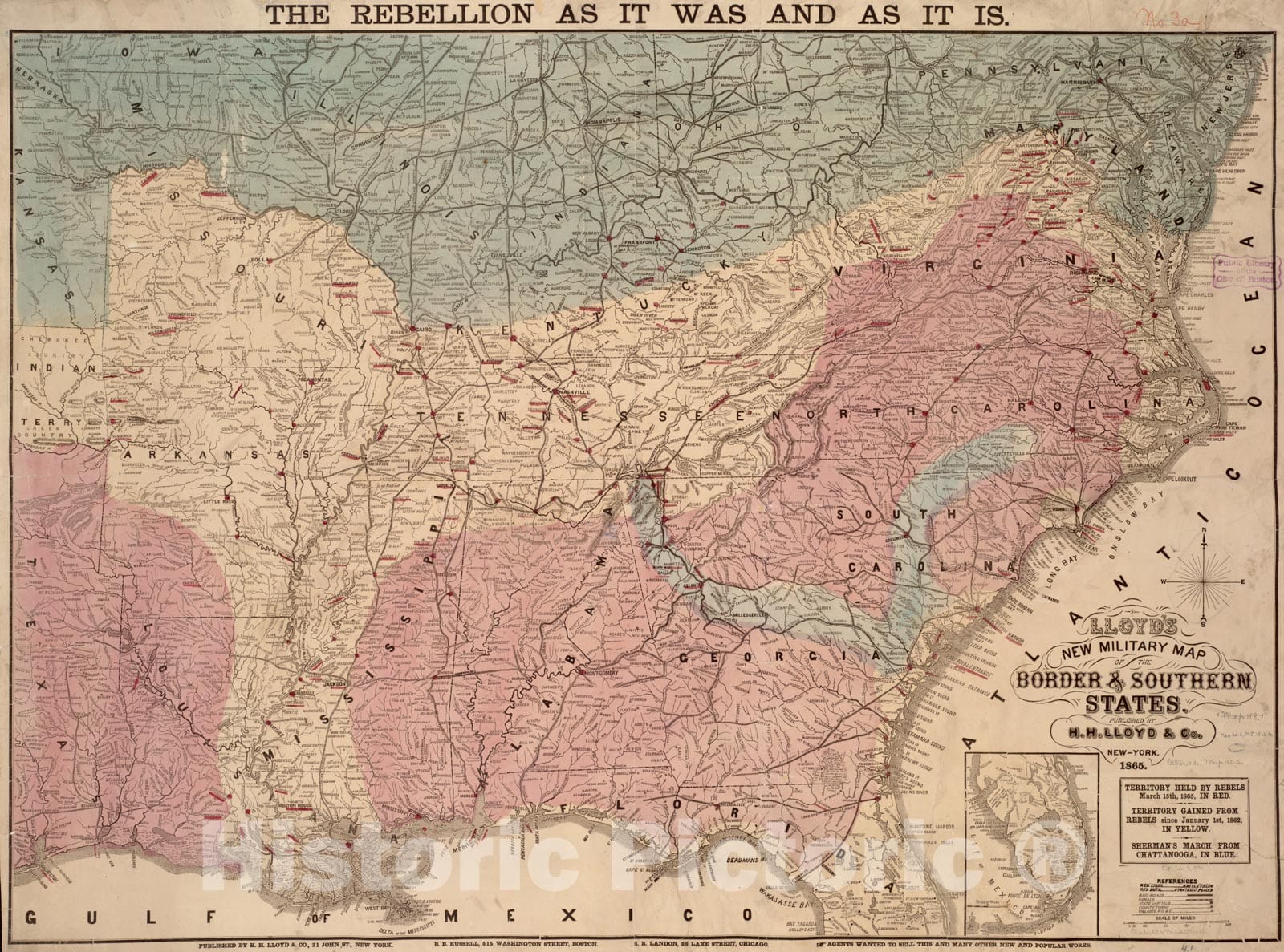 Historical Map, 1865 Lloyd's New Military map of The Border & Southern States, Vintage Wall Art