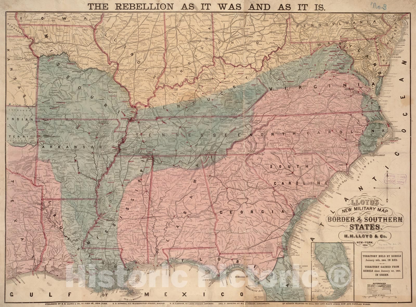 Historical Map, 1864 Lloyd's New Military map of The Border & Southern States, Vintage Wall Art