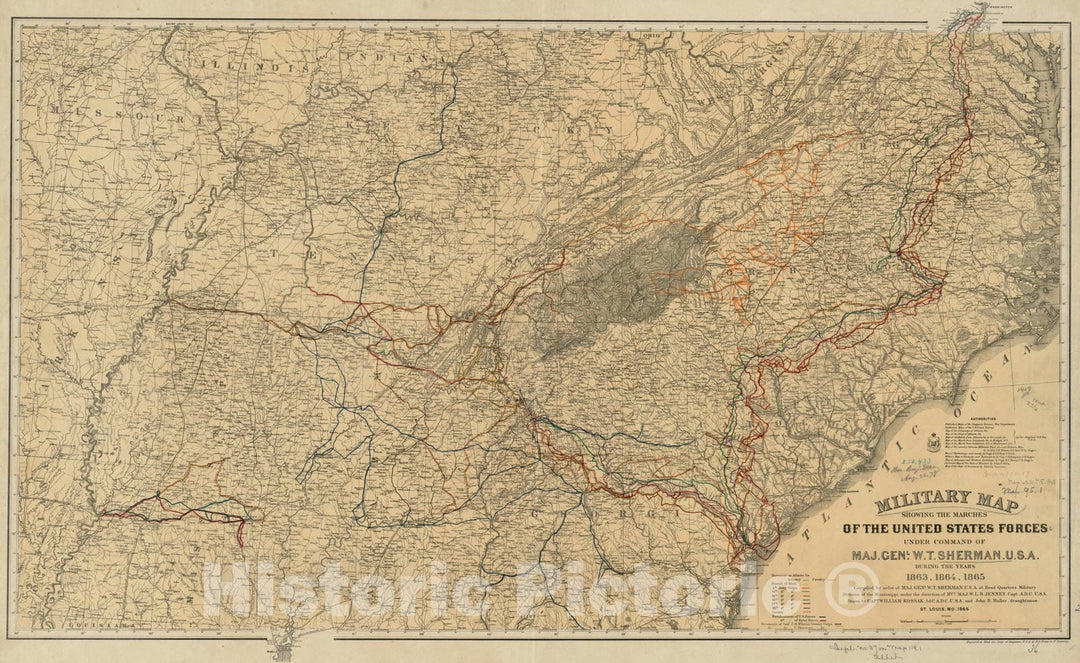 Historical Map, Military map Showing The marches of The United States Forces Under Command of Maj. Genl. W.T. Sherman, U.S.A, During The Years 1863, 1864, 1865, Vintage Wall Art