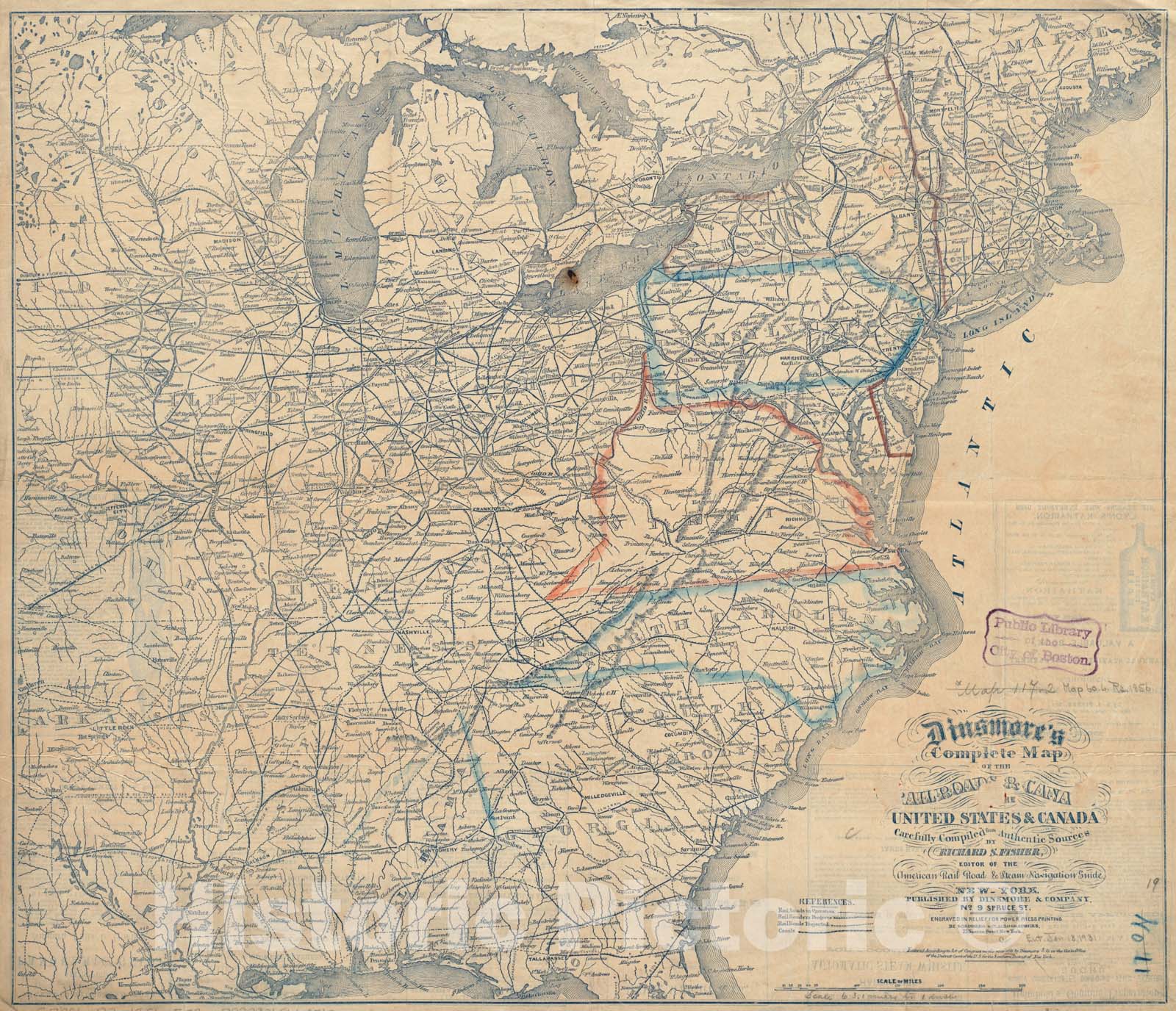 Historical Map, 1856 Dinsmore's Complete map of The Railroads & canals in The United States & Canada, Vintage Wall Art