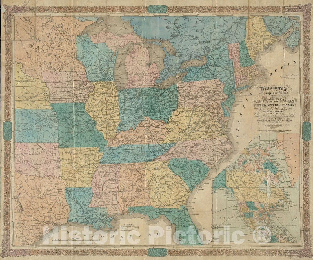 Historical Map, 1856 Dinsmore's complete map of the railroads & canals in the United States & Canada, Vintage Wall Art