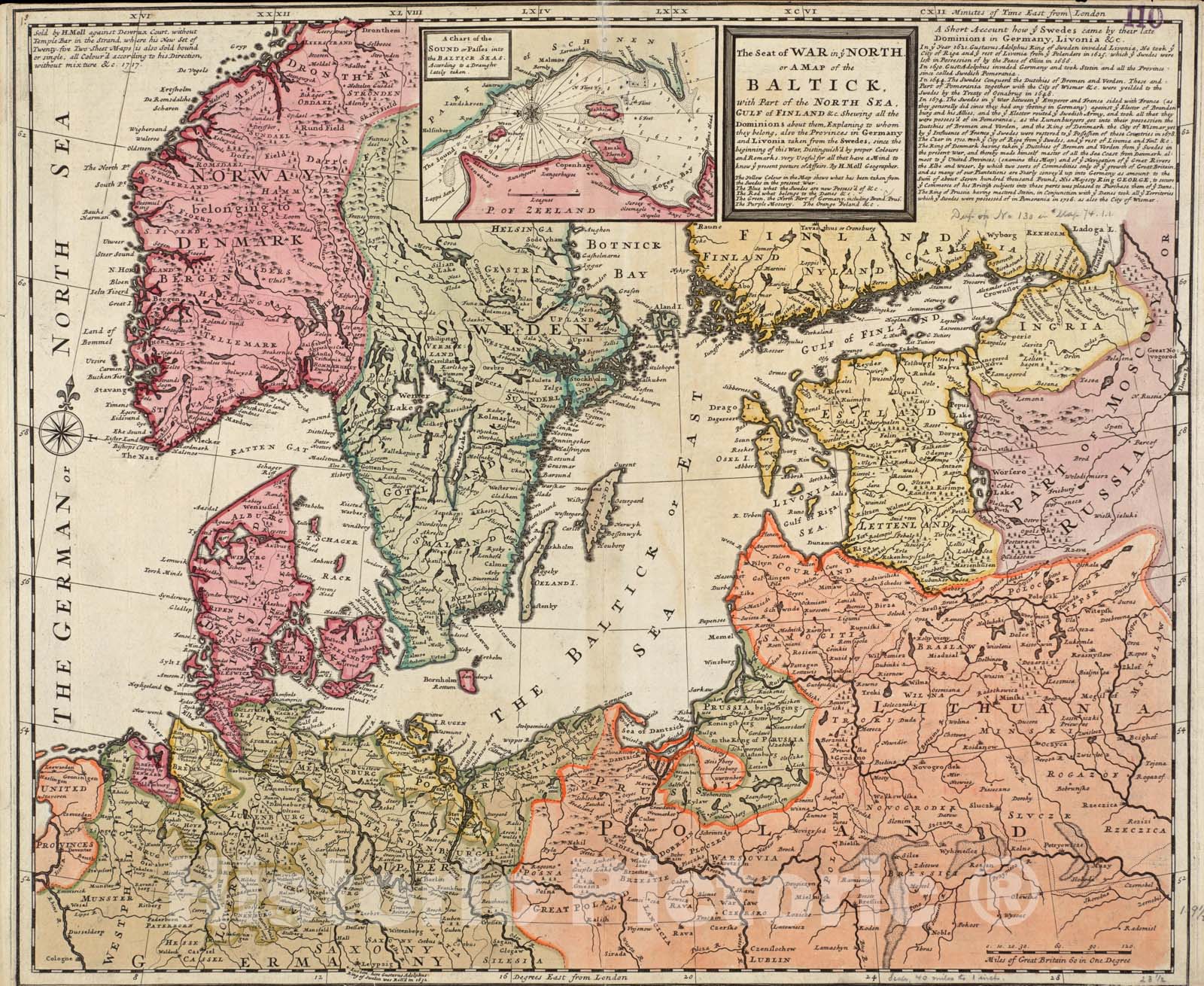 Historical Map, 1717 The seat of war in ye North : or a map of the Baltick, with part of the North Sea posture of affaris, Vintage Wall Art