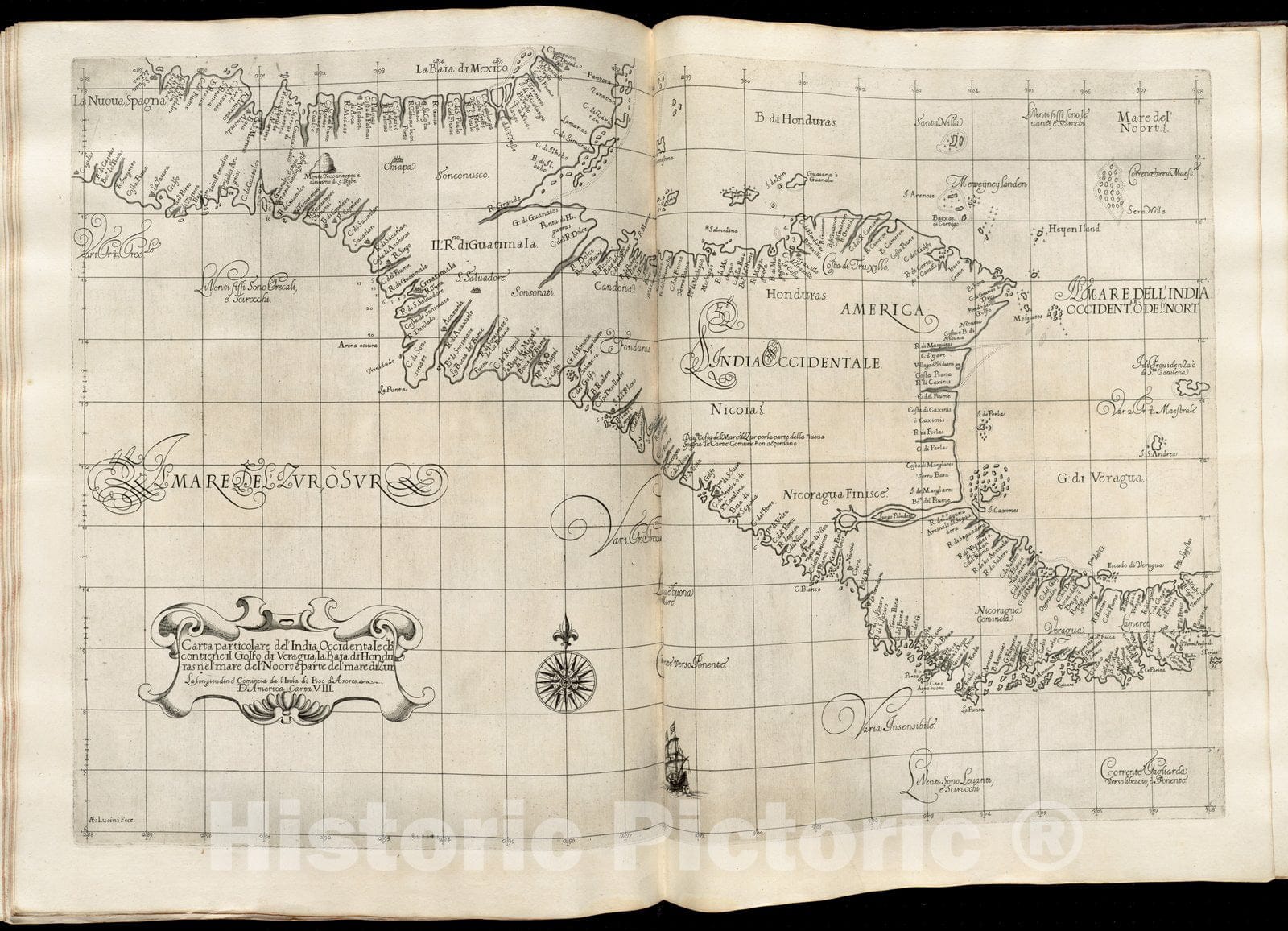 Historical Map, 1647 Carta particolare del'India Occidentale Che contiene il Golfo de Veragua, la Baia di Honduras nel' mare del'Noort eI' Parte del' mare di Zur, Vintage Wall Art