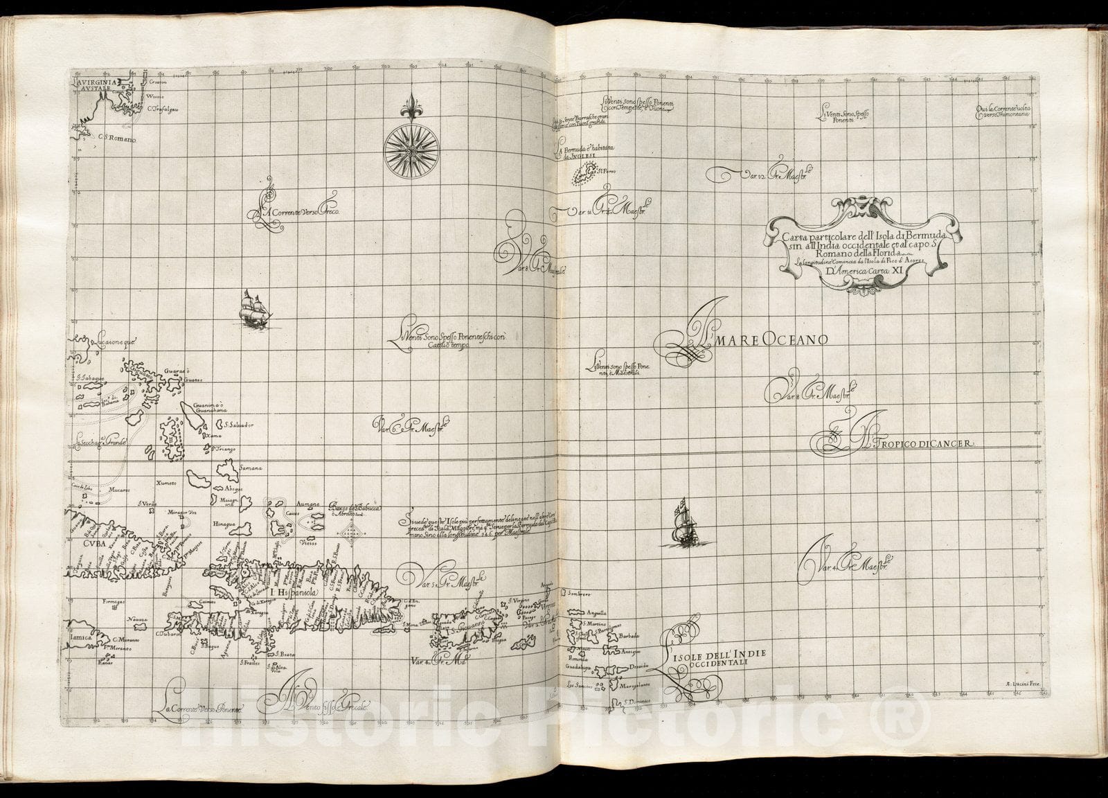 Historical Map, 1647 Carta particolare dell' Isola di Bermuda sin All' India Occidentale et al' Capo S. Romano Della Florida, Vintage Wall Art